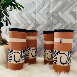 Mexican hand made pottery terracotta tumblers blue talavera set of 4pcs
